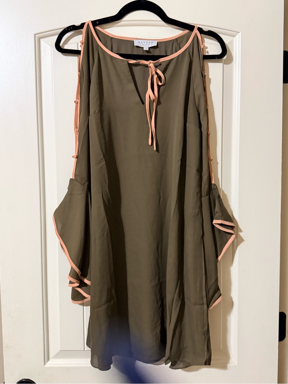 Hayden Olive Dress with Blush Pink Trim and Cold-Shoulder Ruffles NWOT